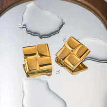 Shiny stainless steel 18K gold-plated square stud earrings with woven pattern