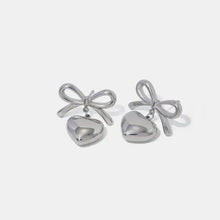 Silver-toned stainless steel bow heart drop earrings
