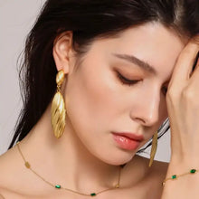 18k gold-plated stainless steel dangle earrings with ribbed leaf design