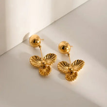 Stainless steel flower dangle earrings with gold sphere studs and floral drops