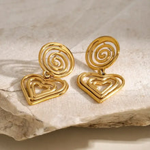 18k gold-plated stainless steel heart earrings with spirals and dangles