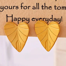 Stainless steel heart leaf stud earrings with gold vein design