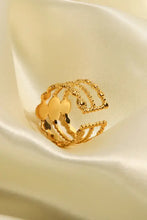Stainless steel open ring with gold butterfly, pink oval gemstones