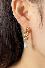 Stainless steel pearl asymmetrical earring with dangling gold chain and white baroque pearl drop