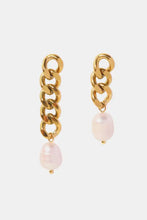Stainless steel pearl asymmetrical earrings with gold chains and dangling freshwater pearls