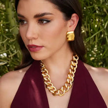 Stainless steel square stud earrings with gold Cuban link and pavé diamonds