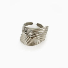 Silver stainless steel textured wave ring with twisted band