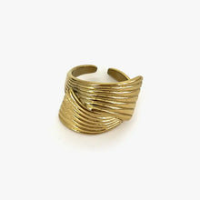 Gold stainless steel textured wave ring with twisted open design
