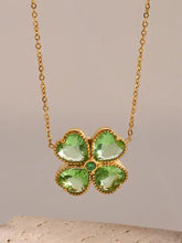 Lucky clover pendant necklace in stainless steel with green heart gems