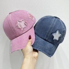 Two distressed star adjustable baseball caps, pink and blue