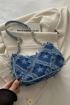Star Patchwork Denim and Chain Strap Shoulder Bags for Women