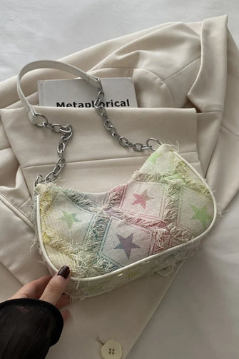 Star Patchwork Denim Shoulder Bag with Chain Strap Ivory One Size