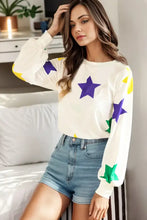 Star print round neck lantern sleeve cream T-shirt with denim shorts
