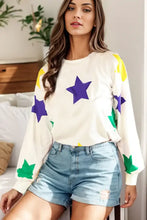 Star print round neck lantern sleeve white sweatshirt with denim shorts