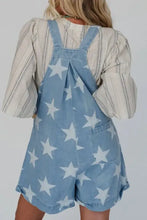 Star print square neck light blue denim overalls over striped shirt