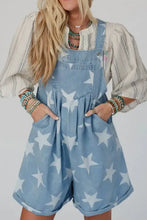Star print square neck light blue denim overalls with white stars