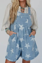 Star print square neck denim overalls in light blue with white stars over striped blouse