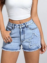 Star Raw Hem Denim Shorts with Star-Shaped Patch