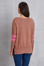 Women’s brown star scoop neck drop shoulder sweater with pink sleeve stripes