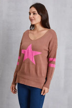 Women’s brown star scoop neck drop shoulder sweater with pink star and stripes