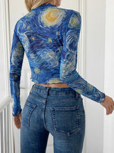 Starry Night Print Mesh Long Sleeve Top and Blue Jeans Set