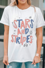 Patriotic graphic white t-shirt with stars and stripes text in red, blue, pink
