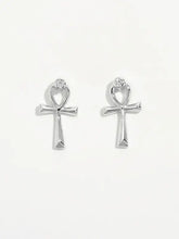 Sterling silver ankh stud earrings with CZ accent in matching box