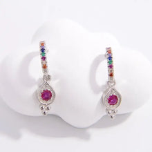 Sterling silver hoop earrings with multicolored gems and fuchsia teardrop