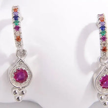 Sterling silver hoop earrings with multicolored gems and fuchsia teardrop pendant