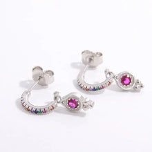 Sterling silver earrings with colorful pave arch and fuchsia teardrop gem