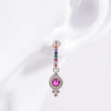 Sterling silver earrings with multicolored gems and fuchsia teardrop
