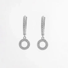 Sterling silver hoop dangle earrings with pavé diamond circles