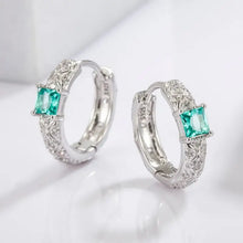 Sterling silver hoop earrings with square teal gemstone and filigree detailing