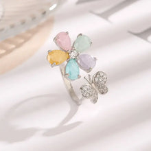 Sterling silver ring with zircon flower and butterfly gemstones