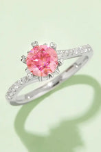 Sterling silver ring with pink moissanite gem and pavé diamonds in matching box