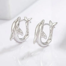 Sterling silver zircon dolphin hoop earrings with clear gemstones