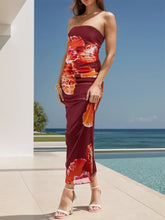 Strapless Floral Print Midi Dress with Slight Stretch Burgundy
