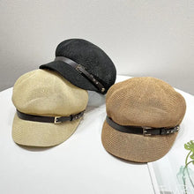 Three straw woven buckle hats with faux leather straps and buckles