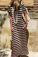 Stripe Casual Round Neck Tee Dress with Pockets Taupe Casual Dresses