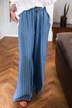 Blue and white striped chambray wide leg trousers with tied elastic waist and elastic waistband