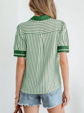 Green and white striped short bubble sleeve blouse with collar cuffs featuring a split neck design