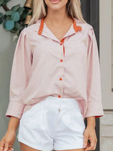 Pink and white stripe color block patchwork button-up blouse with orange trim and frilled collar button details