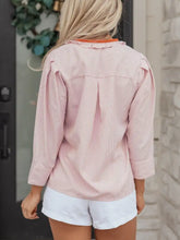 Pink and white striped color block blouse with frilled collar button and rolled cuffs long sleeves