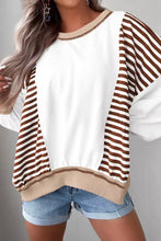 Cozy stripe colorblock patchwork contrast stitching sweatshirt with white body and brown striped sleeves machine wash cold care instructions