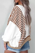 Cozy stripe colorblock patchwork contrast stitching sweatshirt with brown white striped sleeves and cream panels machine wash cold