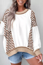 White and brown striped long-sleeve sweatshirt with beige trim and contrast stitching machine wash cold care instructions