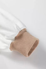 M beige ribbed knit sleeve cuff with smooth white lining on stripe colorblock patchwork contrast stitching sweatshirt care instructions machine wash cold