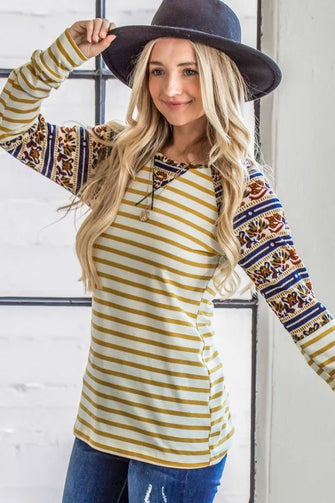 Stripe Ethnic Print Raglan Long Sleeve Shirt for Women YELLOW Woman T Shirts