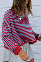 Red and gray striped cropped sweatshirt with ruffled hem and cuffs slightly stretchy machine wash care instructions