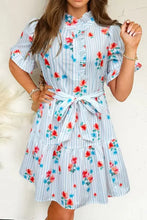 Stripe Floral Pattern Ruffle Short Sleeve Belted Mini Dress Light Blue Woman Casual Dress